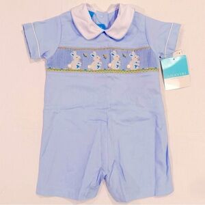New Anavini Smocked Romper Boys 9M Bunnies Embroidered Peter Pan Collar Easter